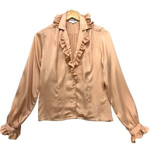 Peach Satin Ruffle V-Neck Blouse Long Sleeve Vintage Size 4 Soft Girl Victorian